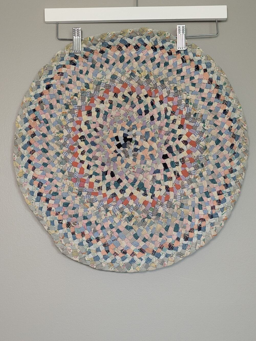 Vintage Boho Rag Rug 18" Round Hand Braided Table Mat Cottagecore Accent Decor